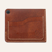MZ Leather Craft köşe çıtçıtlı ters cüzdan kiremit Pueblo deri arka yüz görünümü, boş kıvrımlı kart yuvası, açık gri el dikişleri ve açık çıtçıt mekanizması