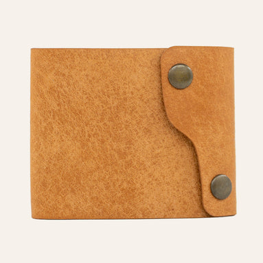 MZ Leather Craft çift çıtçıtlı dil kapaklı kompakt natürel Pueblo deri cüzdanı, kapalı önden görünüm ve asimetrik kapak tasarımı