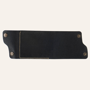 MZ Leather Craft tamamen açılmış dil kapaklı kompakt siyah Pueblo deri cüzdan, düz dış görünüm, L şeklinde sarı el dikişi ve asimetrik gövde formu